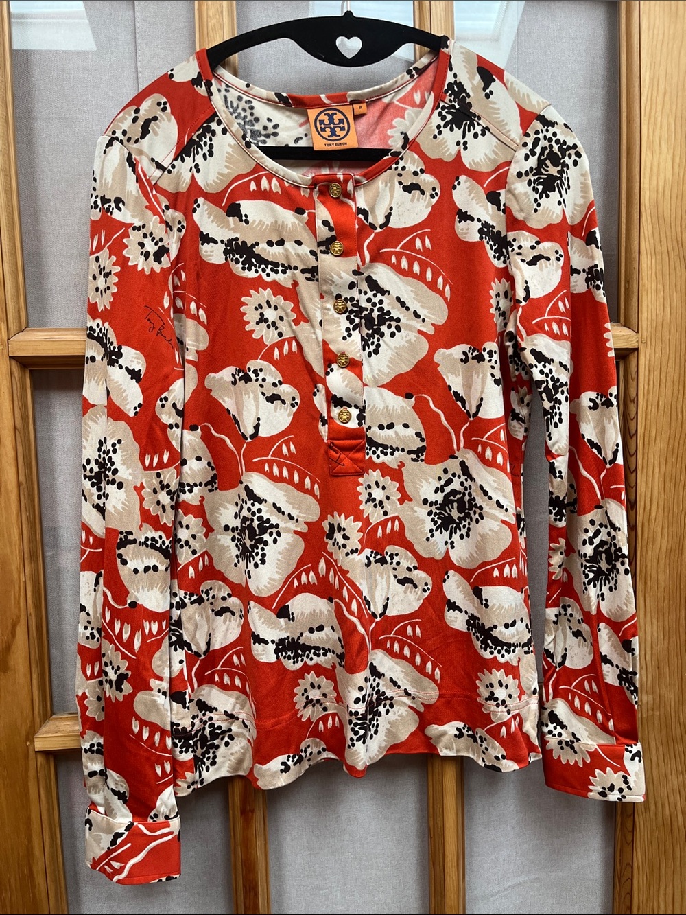 Tory Burch Burnt Orange Cream & Black Floral Henley, sz M